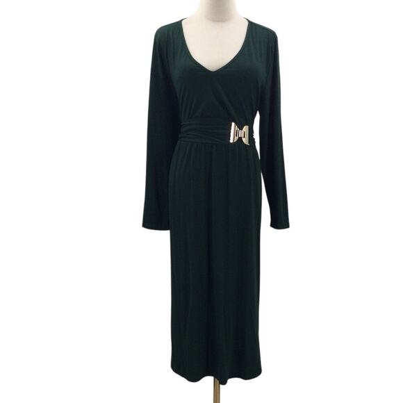 BLOOMCHIC 14-16 1X Plus Green V Neck Buckled Belt Long Sleeve Midi Dress NWT B89 - Picture 1 of 8